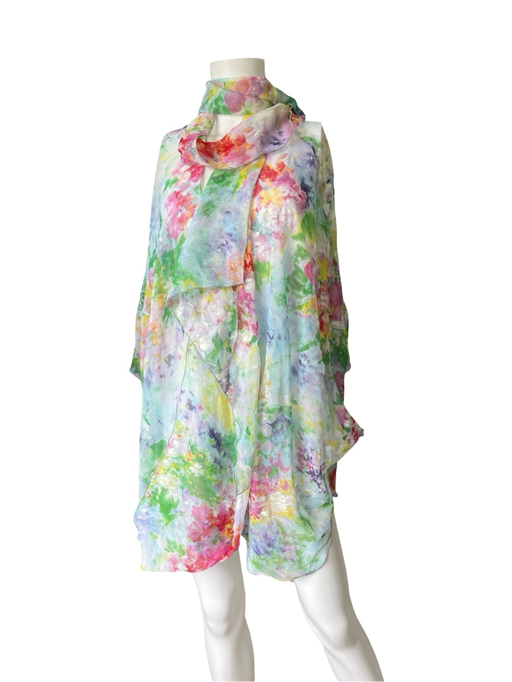 Sheer Garden Floral Blouse with Scarf Oversized Art to Wear Artsy Cottagecore